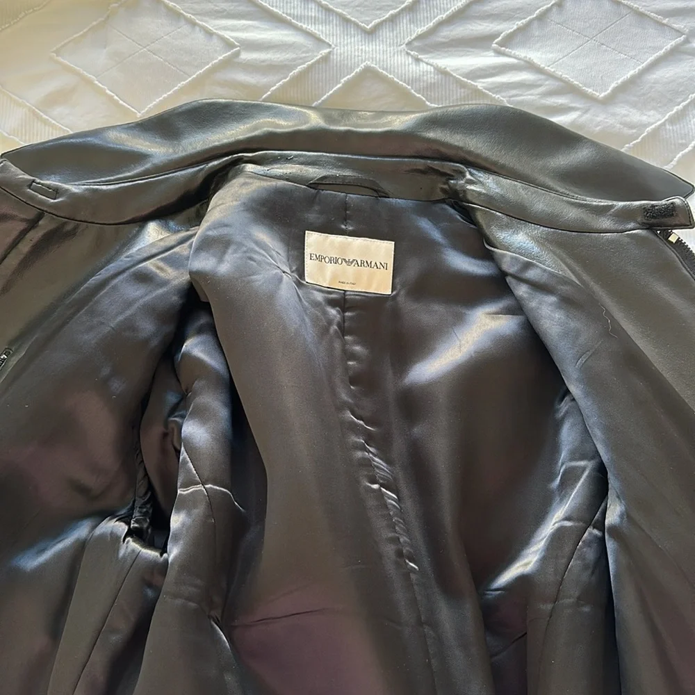 Emporio Armani Black Faux Leather Coat Zipper Front Size 52 Italian - Picture 10 of 14